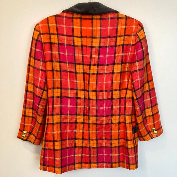Vintage Mondi Womens M Pink Orange Plaid 100% Wool Power Blazer Preppy Retro - Picture 2 of 14